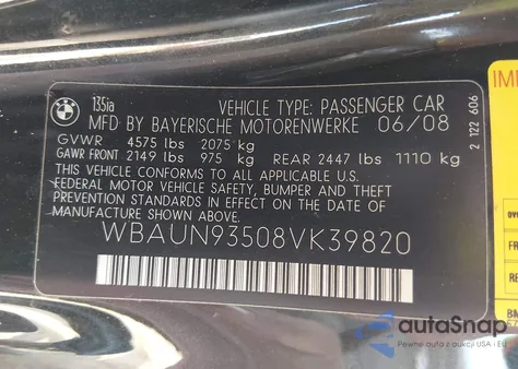 2008 BMW 135I z USA, uszkodzony, nr VIN WBAUN93508VK39820